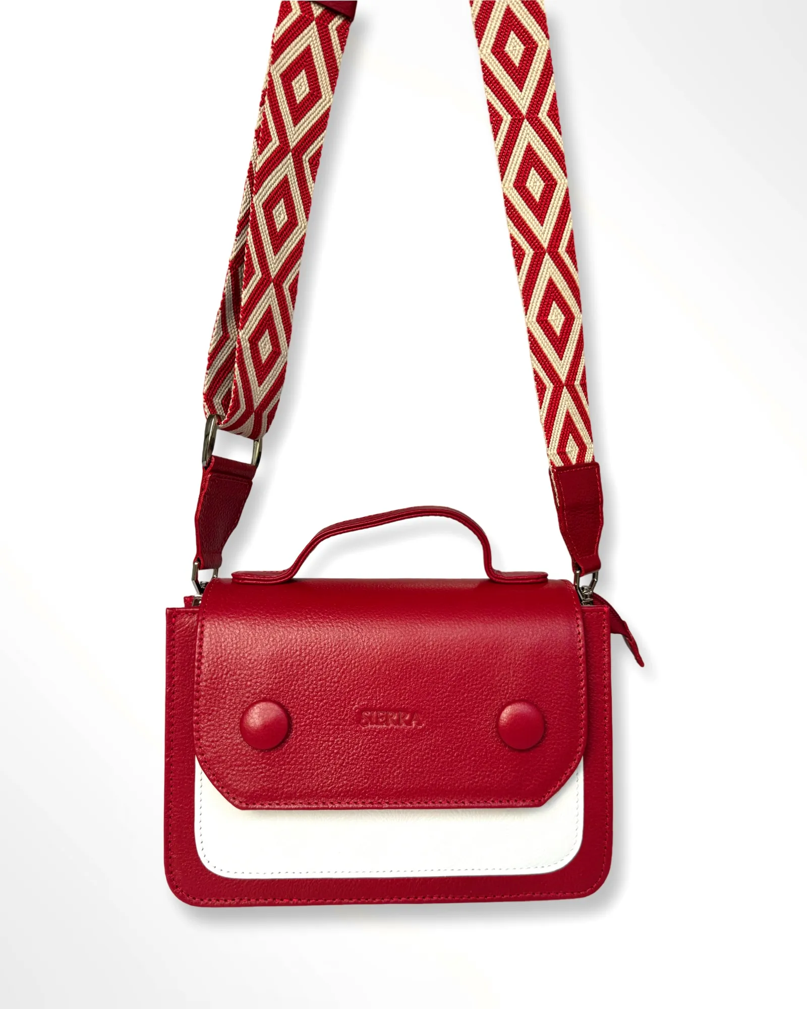 Cartera manos libres en cuero con cargadera tejida Bella rojo-blanco