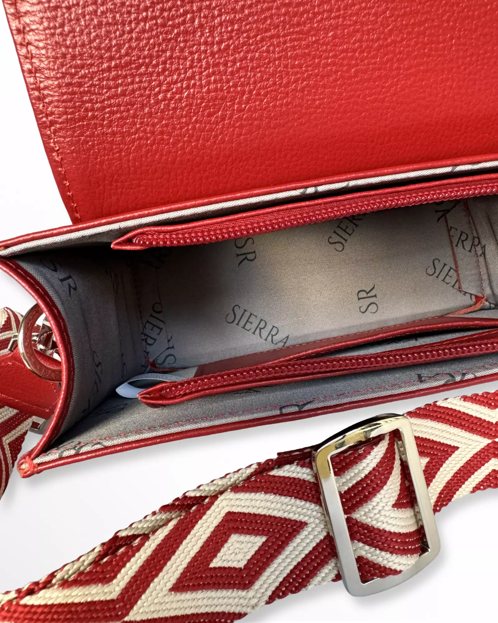 Cartera manos libres en cuero con cargadera tejida Bella rojo-blanco - Imagen 3