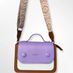 Cartera manos libres en cuero con cargadera tejida Bella marrón-blanco-lila