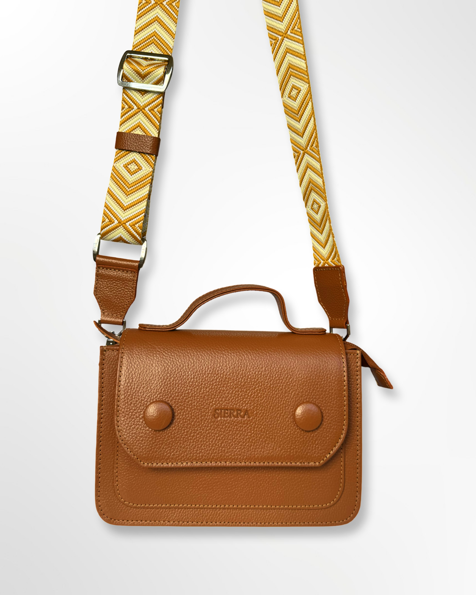 Cartera manos libres en cuero con cargadera tejida Bella marrón