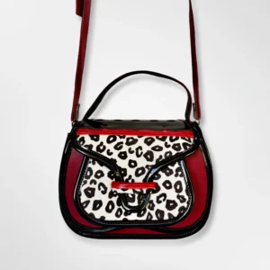 Cartera manos libres para dama tipo carriel en cuero Rendija rojo animal print