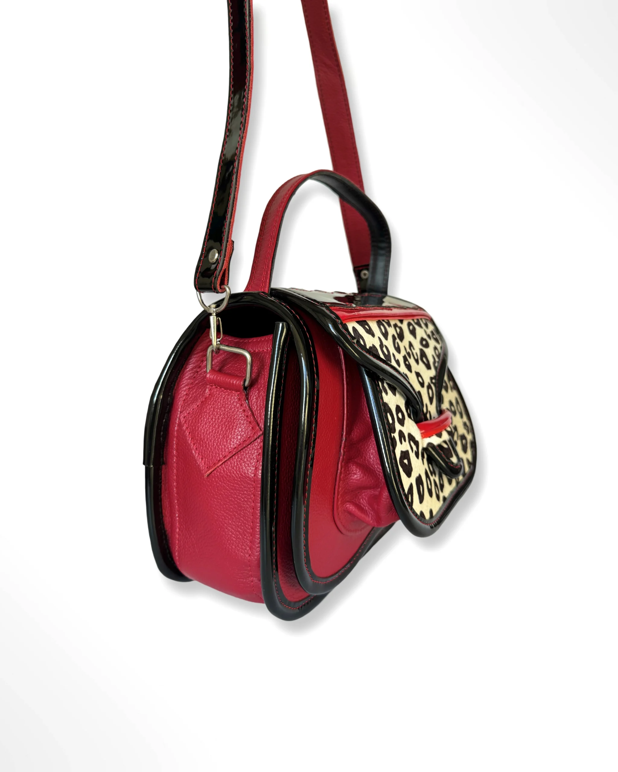 Cartera manos libres para dama tipo carriel en cuero Rendija rojo animal print - Imagen 3